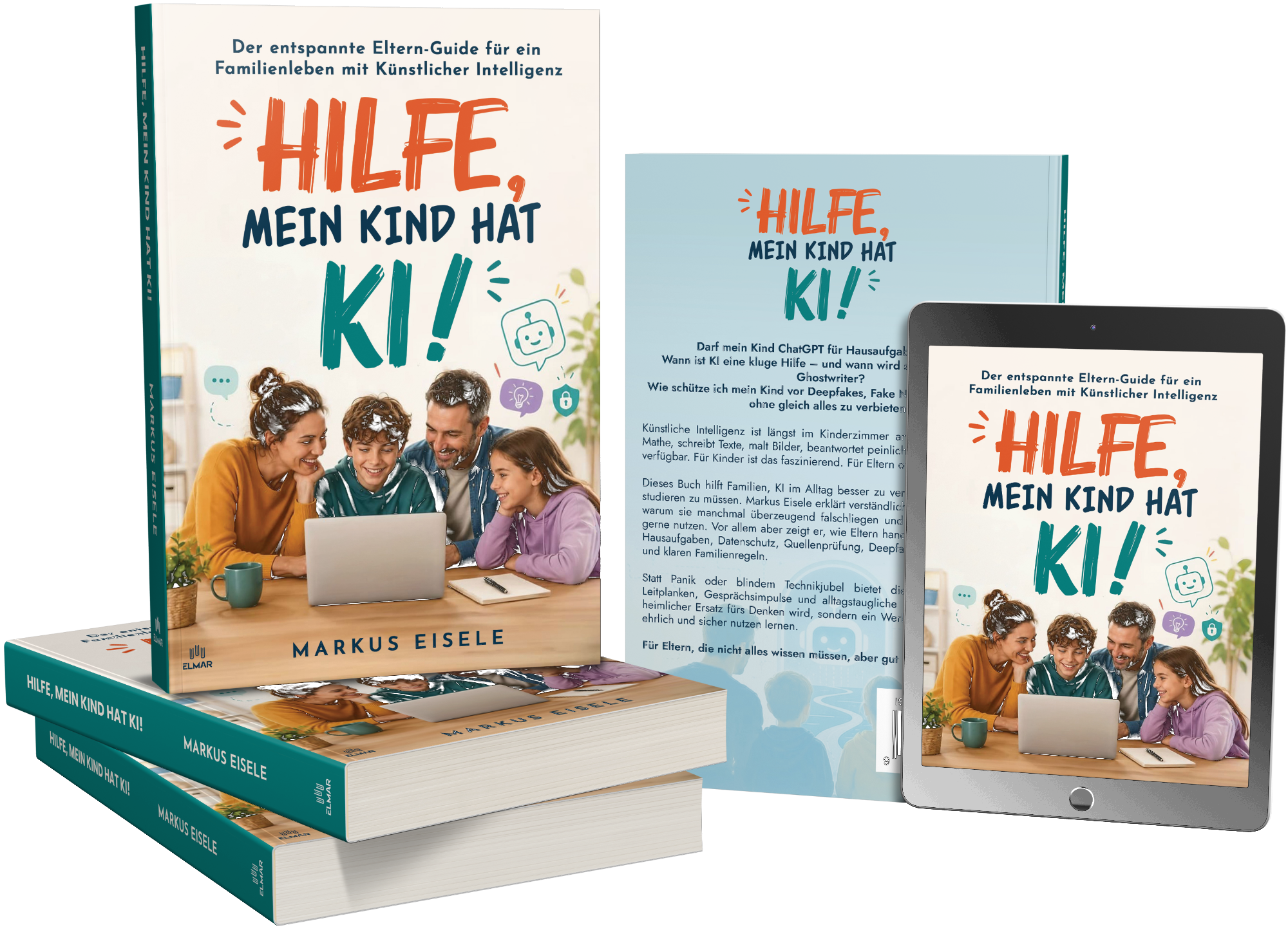 Hilfe, mein Kind hat KI! als Taschenbuch und E-Book – Vorderseite, Rücken und digitale Ausgabe